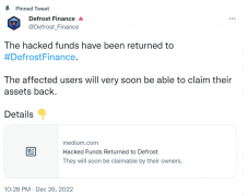 bitpie钱包app下载|Defrost Finance：黑客已退还资金，将很快退还给用